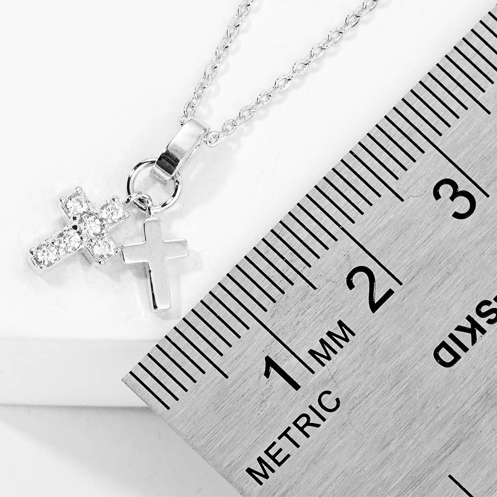 Gold Dipped CZ Stone Paved Double Cross Pendant Necklace