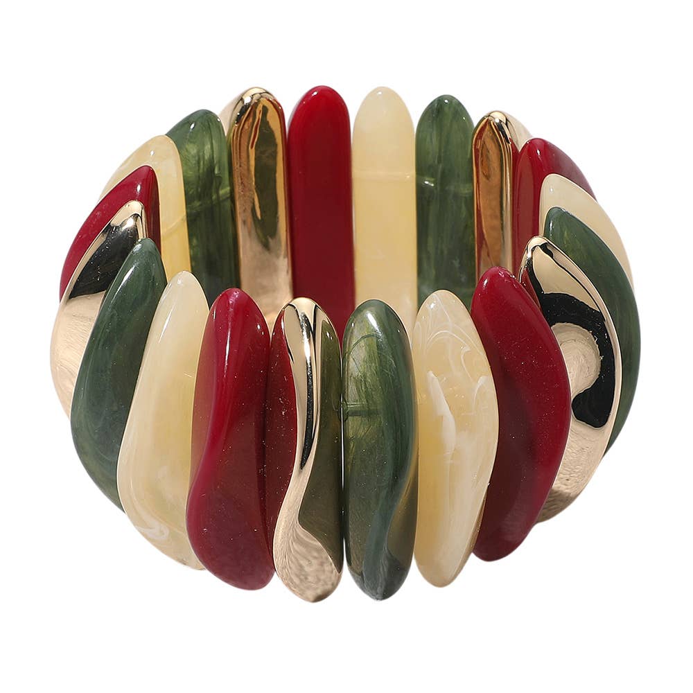 Celluloid Acetate Metal Abstract Bar Beaded Stretch Bracelet