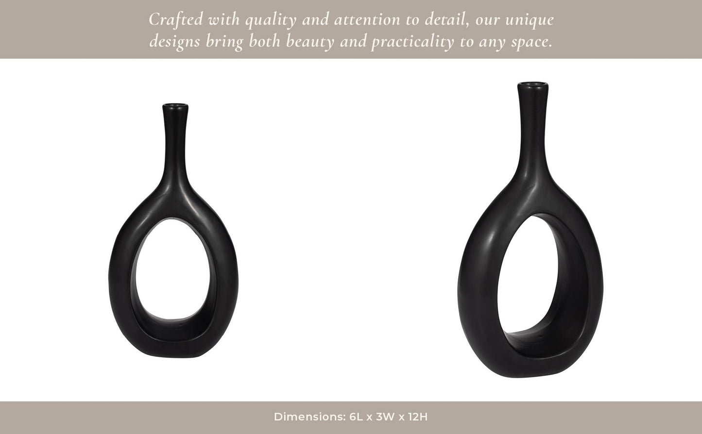 Ceramic Round Curved Open Cut-Out Vase - Black, 12 in.