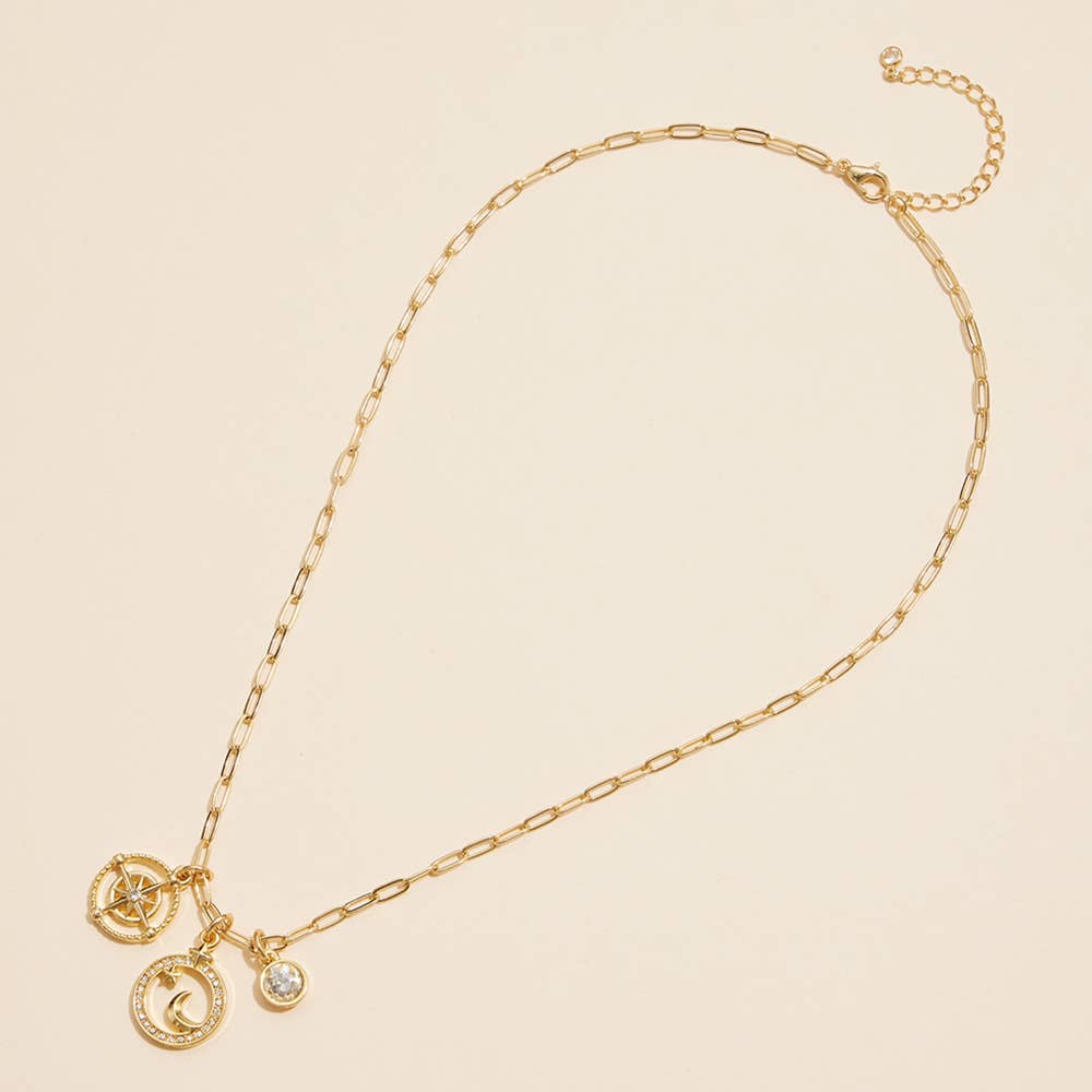 18K Gold Dipped Brass Paved Star Moon Chain Charm Necklace