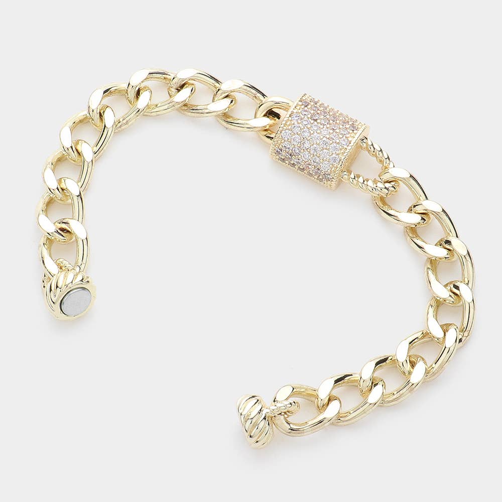 Two Tone CZ Stone Paved Lock Pointed Magnetic Bracelet