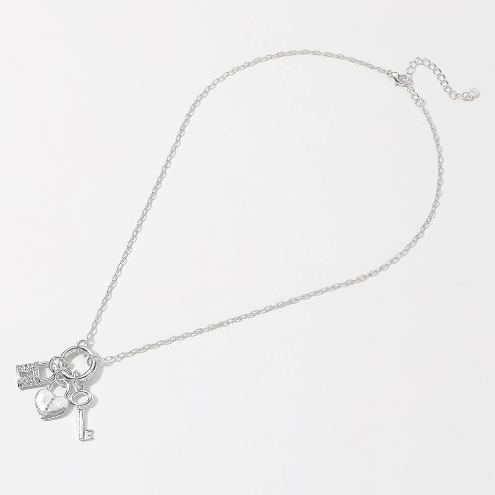 SECRET BOX_14K Gold Dipped Stone Paved Heart Lock Key Pendant Necklace