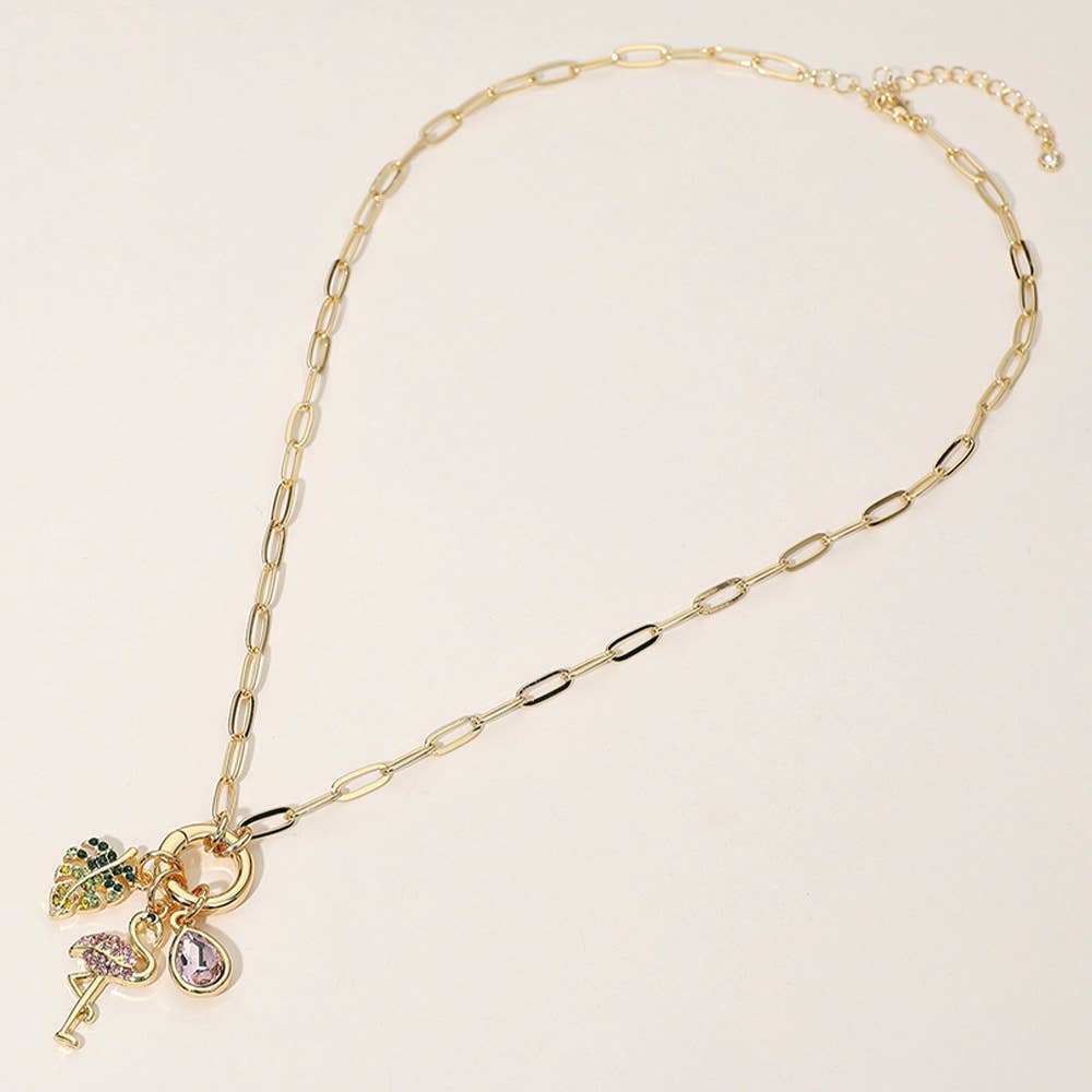 18K Gold Dipped Flamingo Tropical Leaf Pendant Necklace