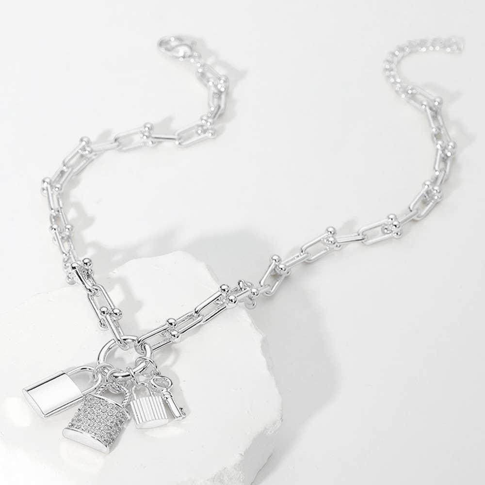 14K Gold Plated CZ Paved Triple Lock Pendant Chain Necklace