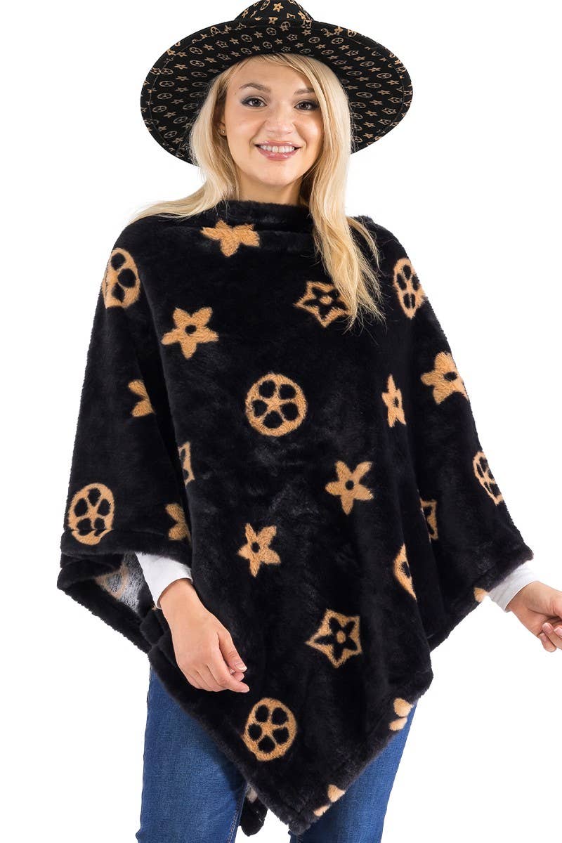Flower Monogram Fluffy Faux Fur Pullover Poncho