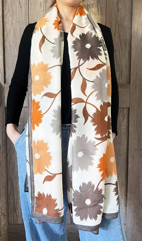 Orange Multi Daisy Pattern Women's Shawl Scarf