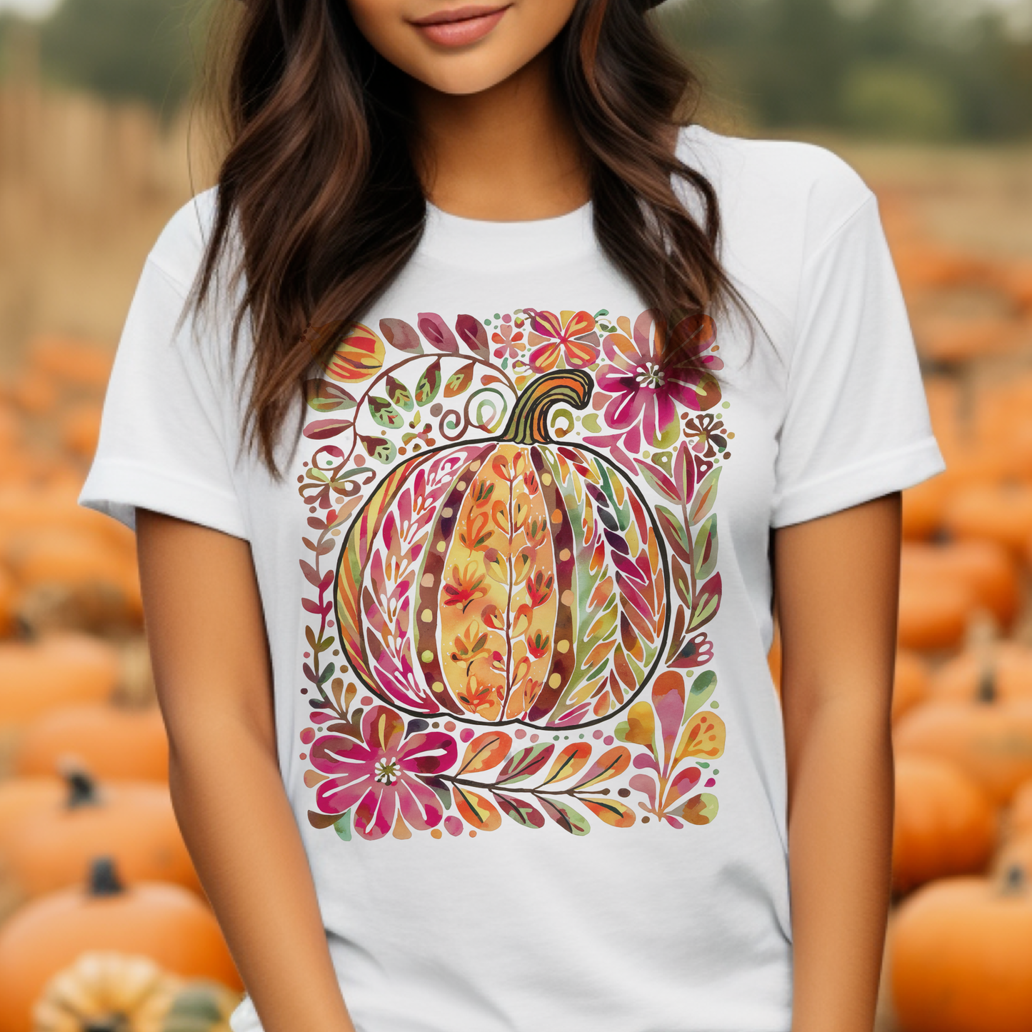 Autumn Floral Pumpkin Fall Leaves Thanksgiving Graphic Tee