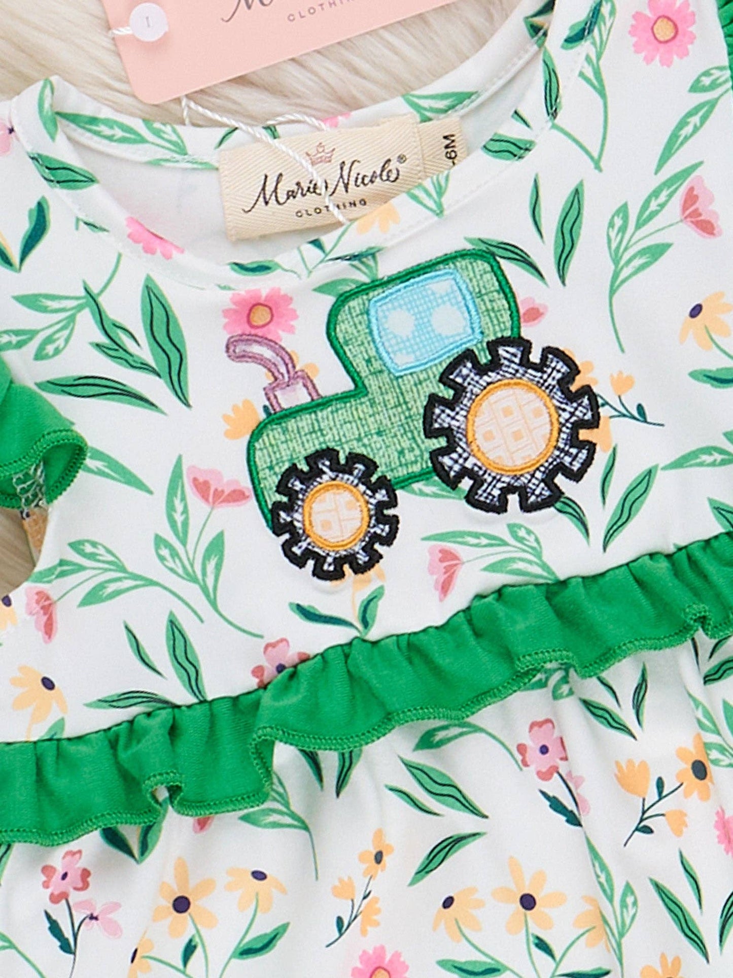 Floral Tractor Embroidered Ruffle Bubble Romper