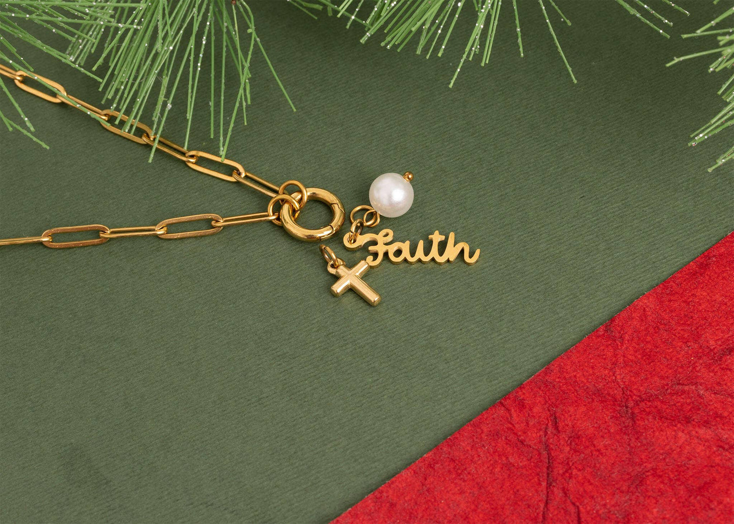 Gold Stainless Steel Faith Charm Holder Necklace Gift Set
