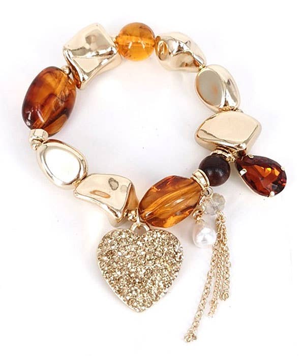 ( M151 ) HEART CHARM AND MIX BEAD STRETCH BRACELET