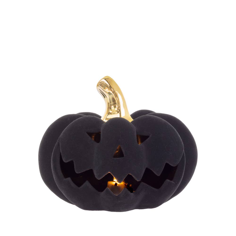 5.75" Dia Black Flocked Velvet Jack O Lantern LED Halloween