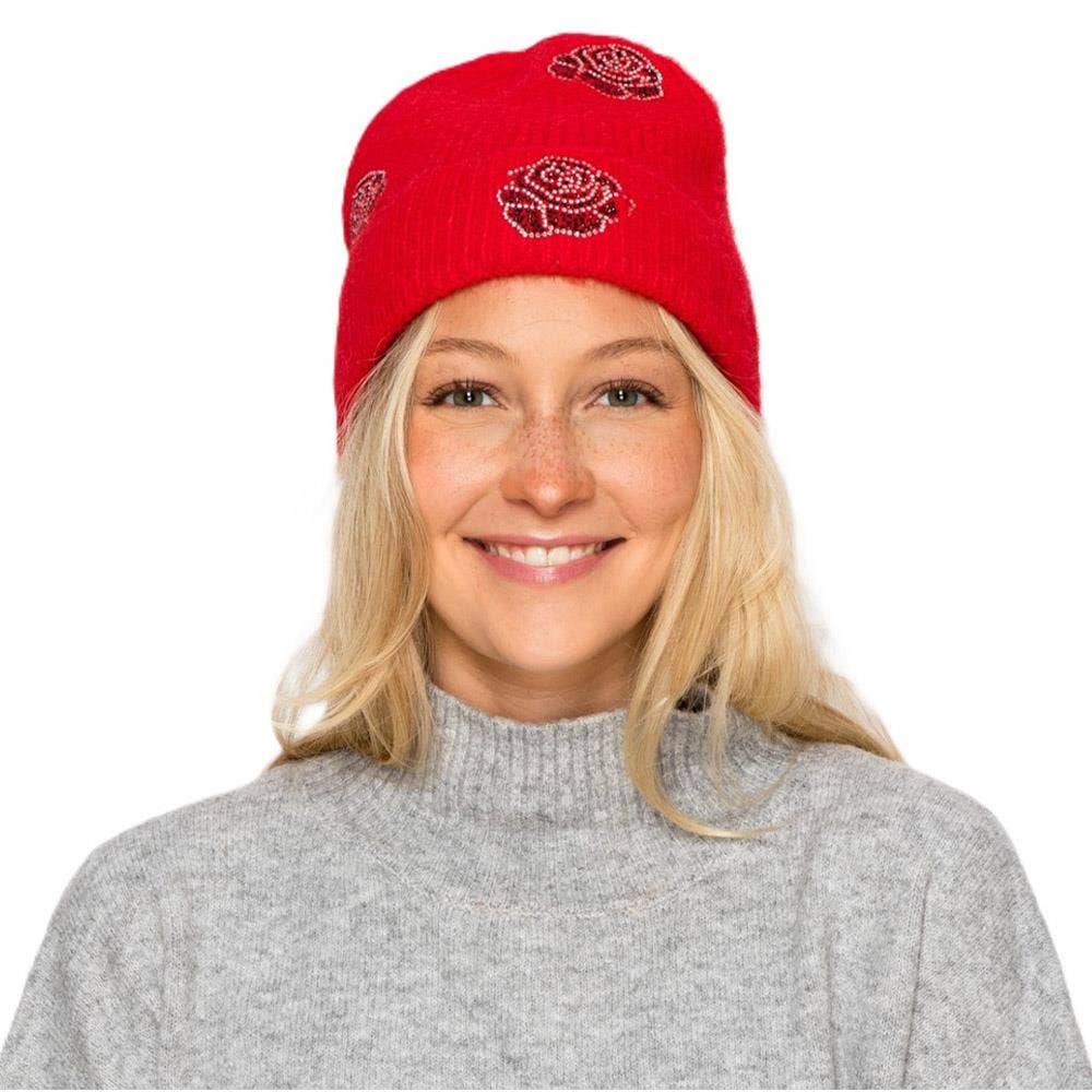 Rhinestone Rose Pattern Knit Beanie Hat AHT-91565