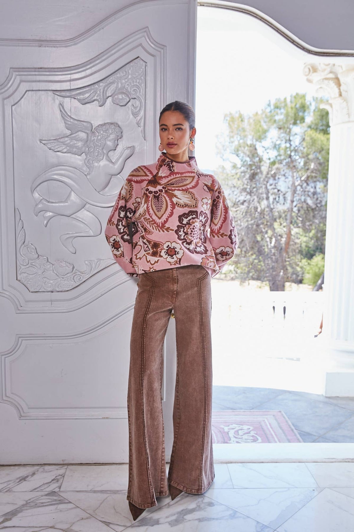 BOLD FLORAL & PAISLEY PATTERN FUNNEL NECKLINE SWEATER
