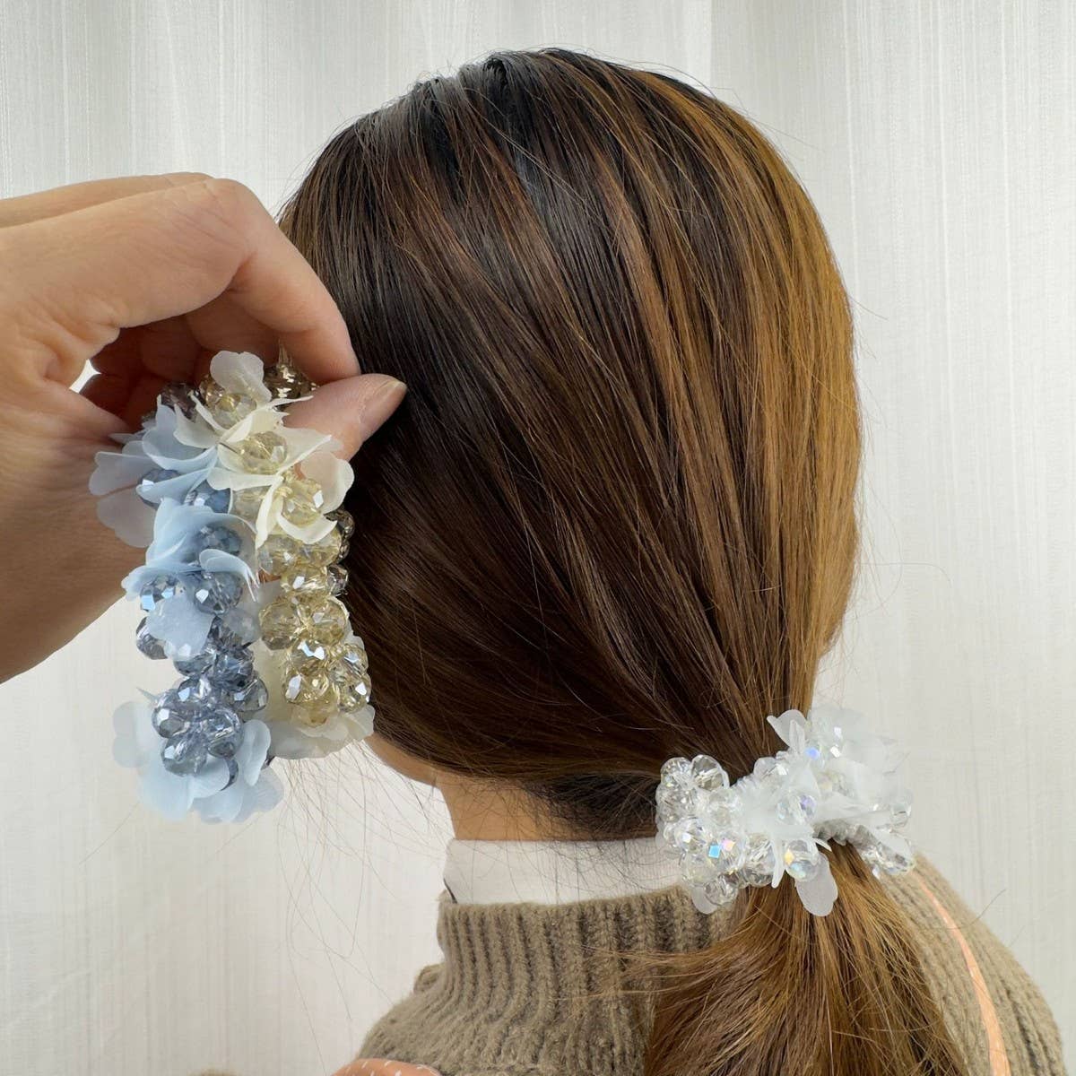 Cute Crystal Heart Organza Elastic Hair Tie_CWAHA6862