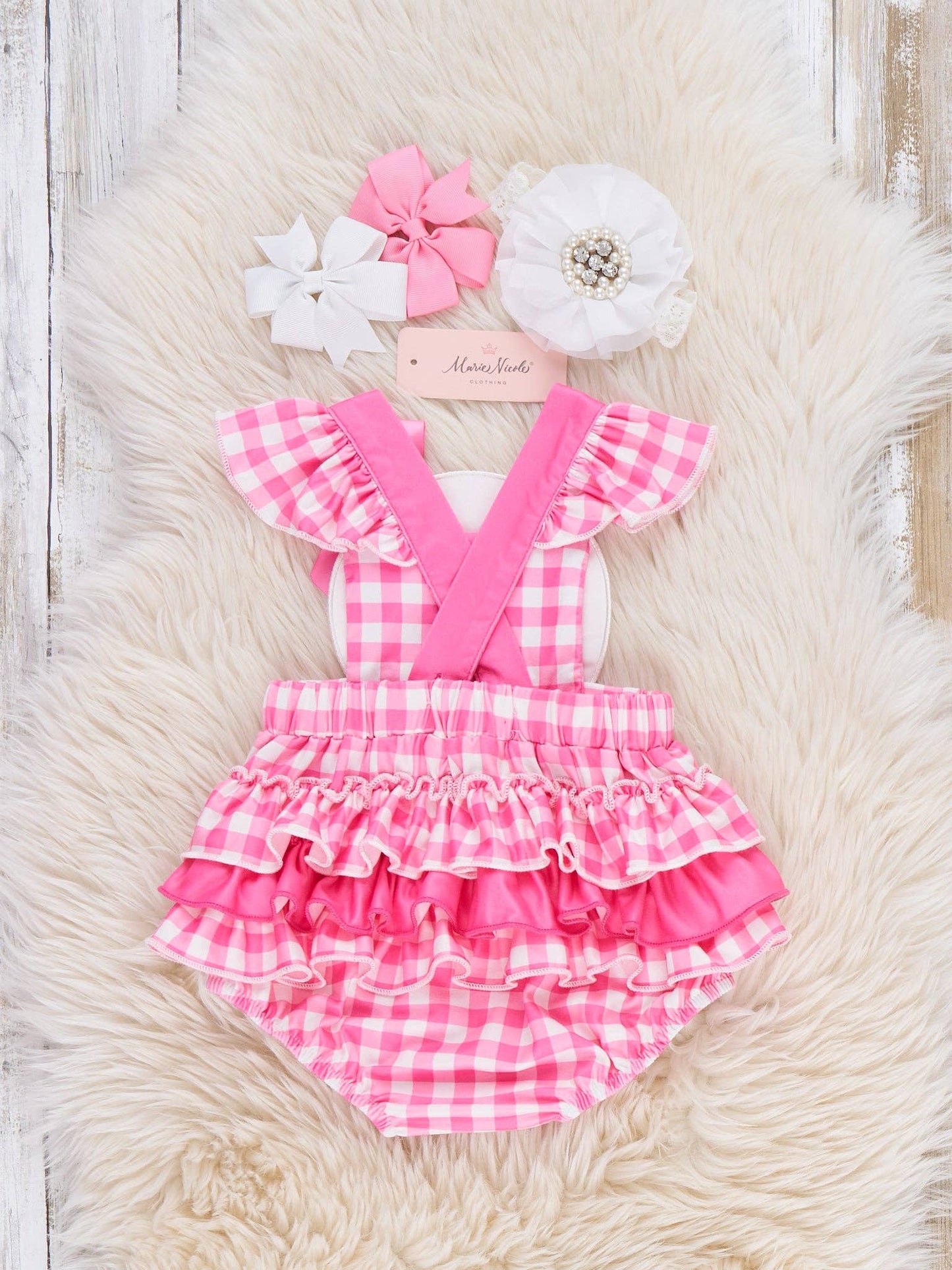 Little Slugger Check Embroidered Ruffle Bubble Romper