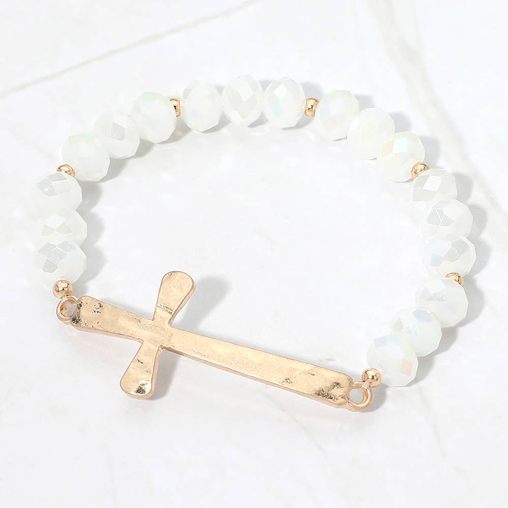 Brushed Hammered Metal Cross Accent Faceted Beaded Stretch Bracelet