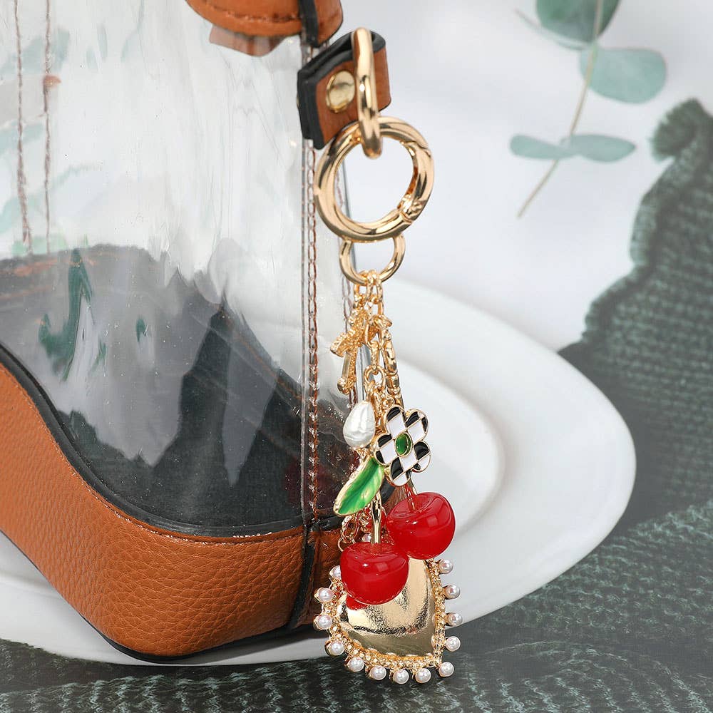 Cherry Pearl Heart Key Cross Flower Charm Embellished Keychain / Bag Charm
