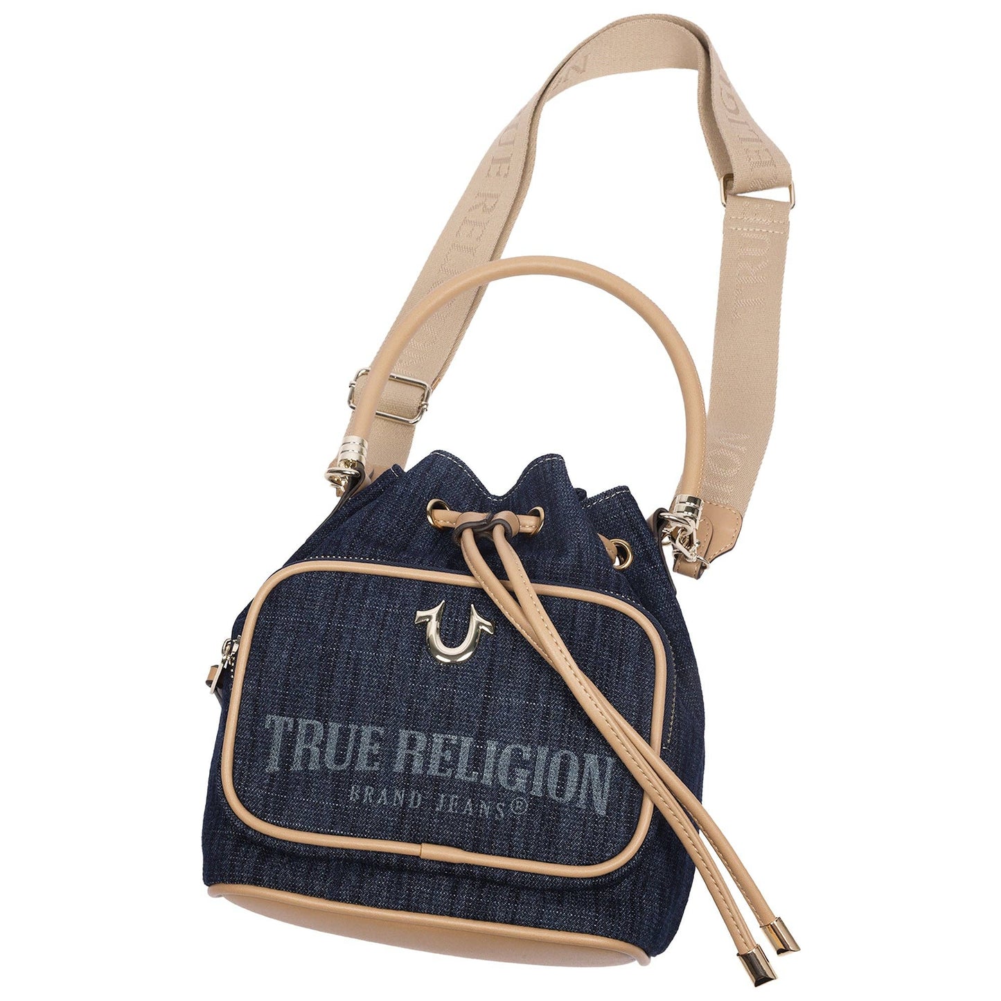 True Religion Bryce Denim & PU Bucket Bag – Women’s Designer Drawstring Bucket Handbag with Crossbody Strap (Dark Denim)