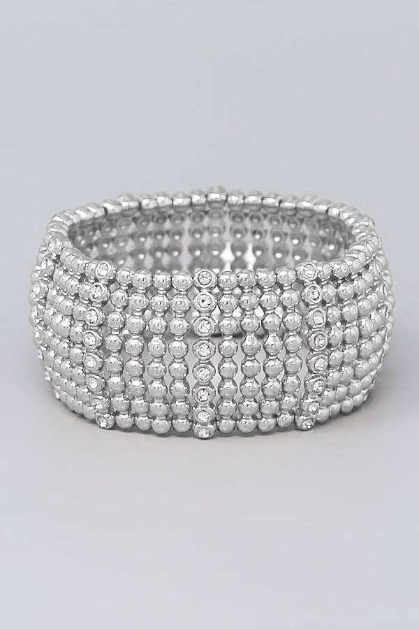 Rhinestone Accent Wide Beaded Metallic Stretch Bracelet