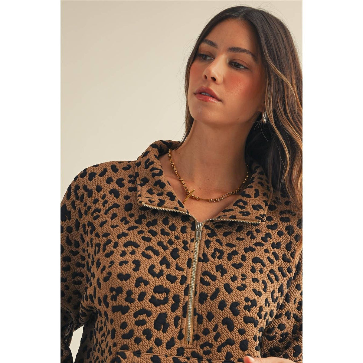 Leopard Loose Fit Zipper Pullover Top