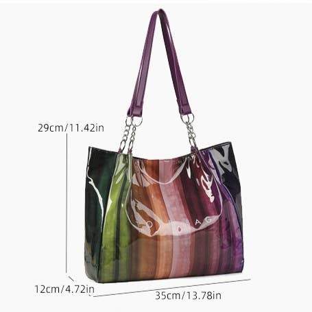 Gradient Striped PVC Tote Bag Letter Print Daily Commute Bag