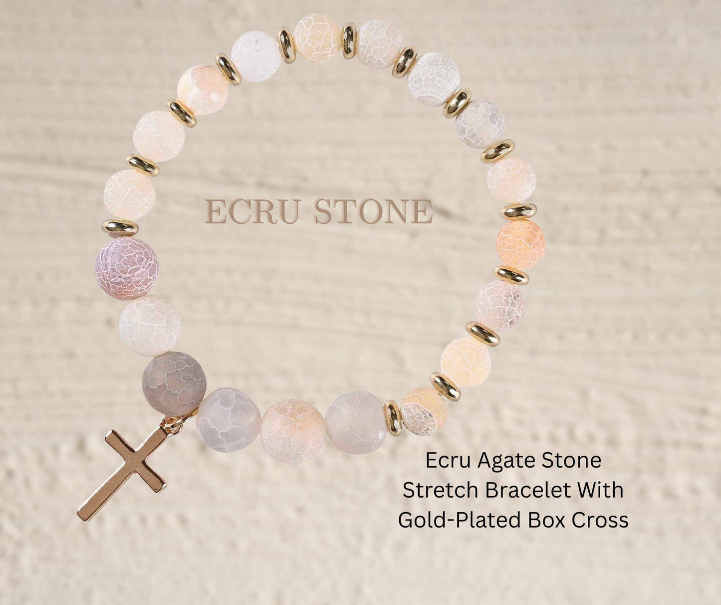 Stretch Bracelet Ecru Stones W/Cross