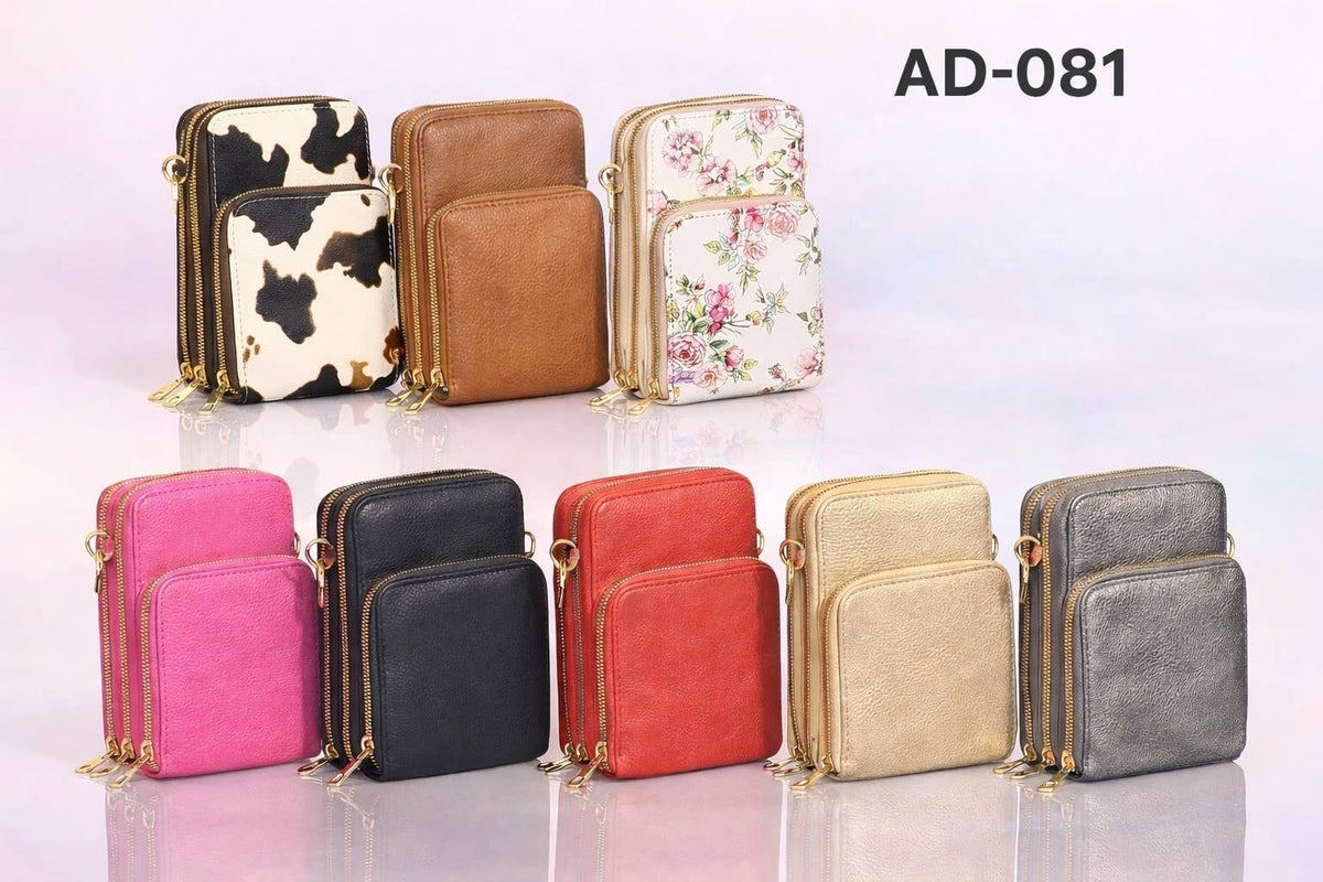Triple Zip Vegan Leather Crossbody Wallet Bag with Strap