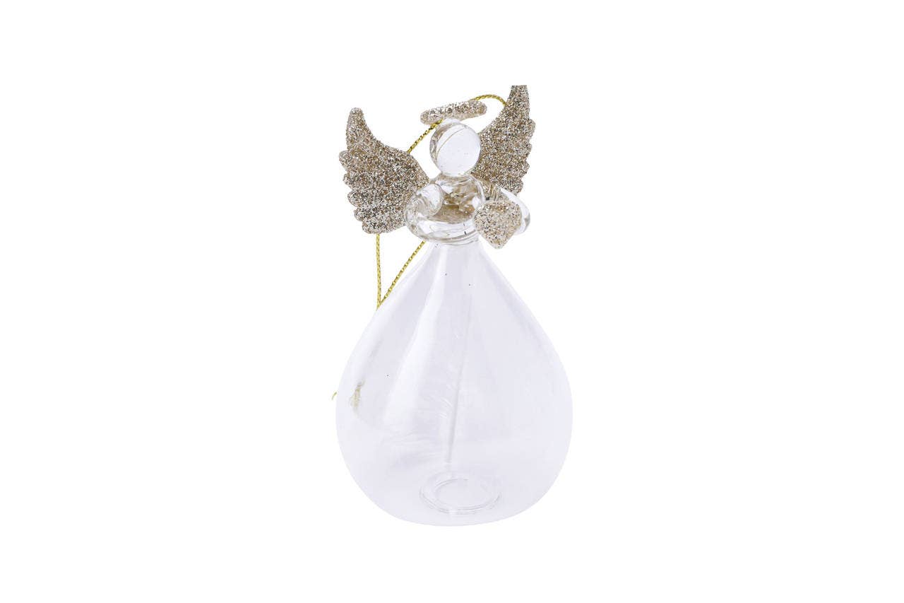 Glass Golden Heart Hanging Angel with Feather