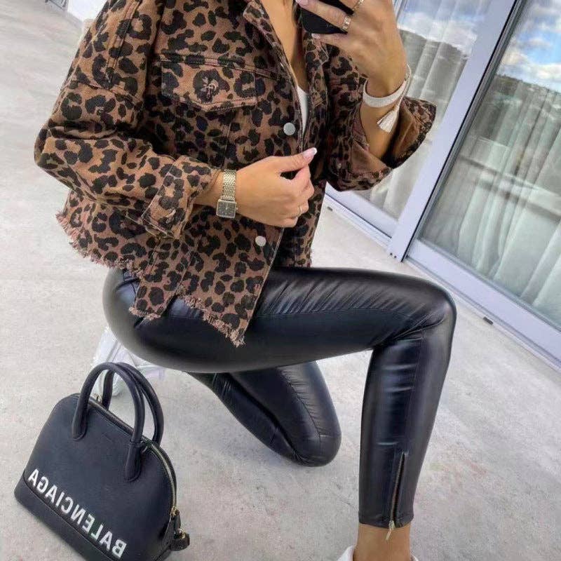 Women Fashion Leopard Print Denim Jacket