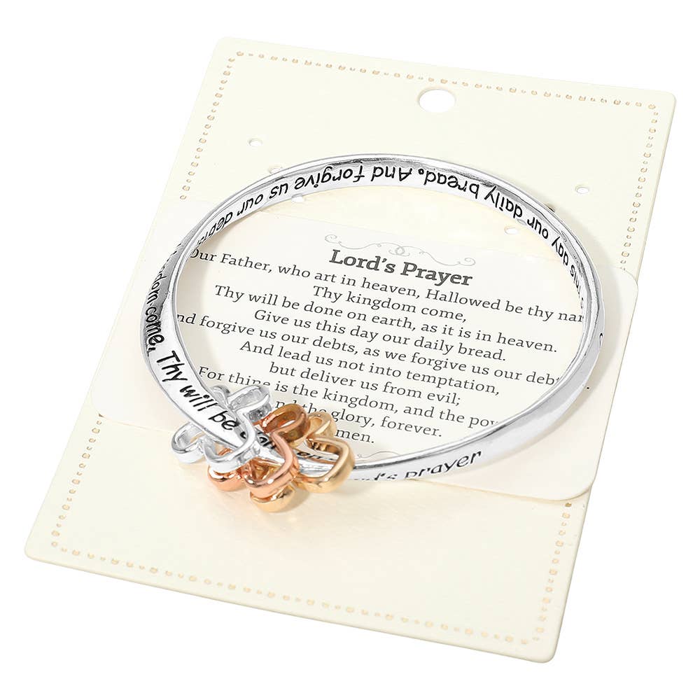 LORDS PRAYER Religious Message Engraved Triple Open Cross Charms Bangle Bracelet