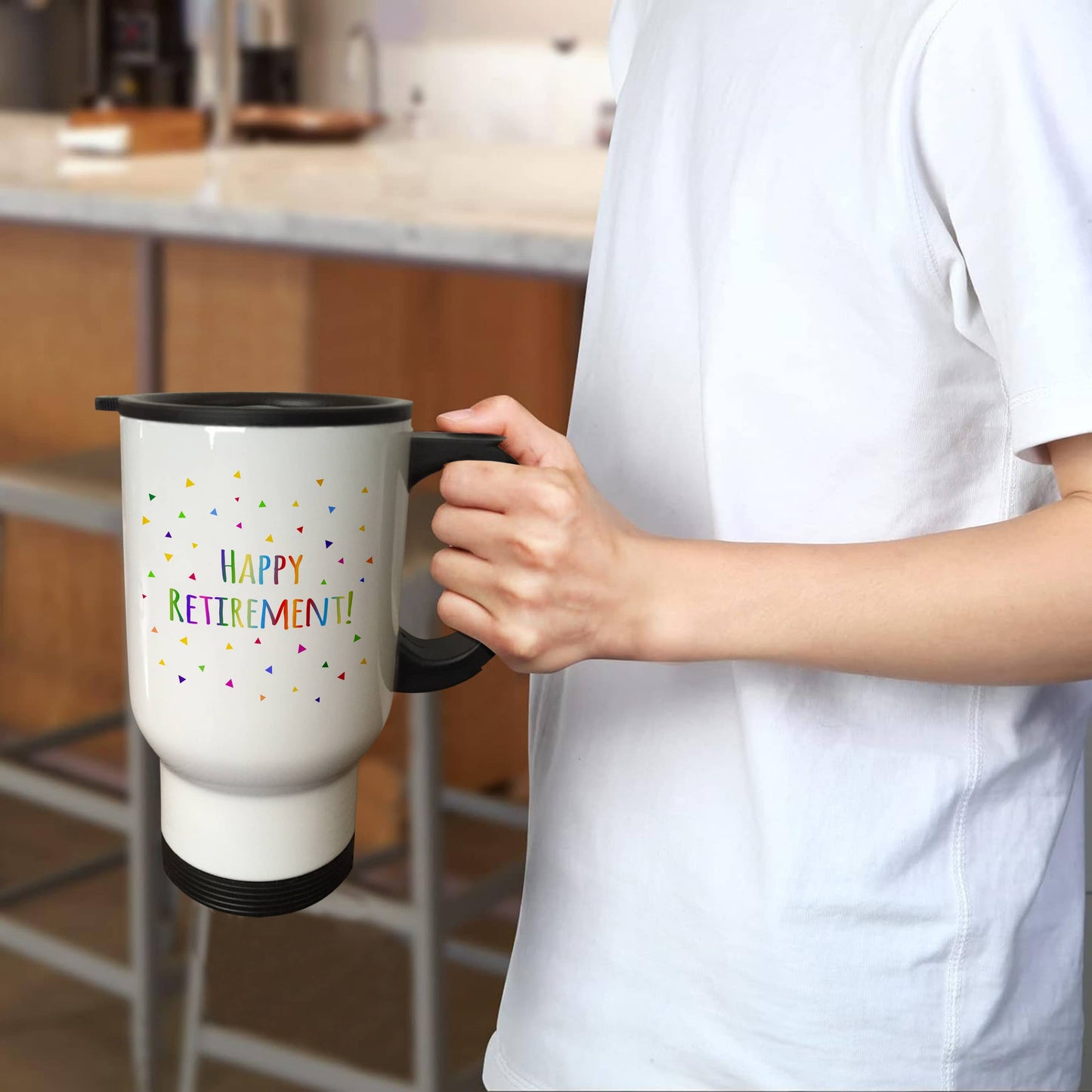 3dRose, Happy Retirement colorful rainbow text celebrating retiring from work, Travel Mug