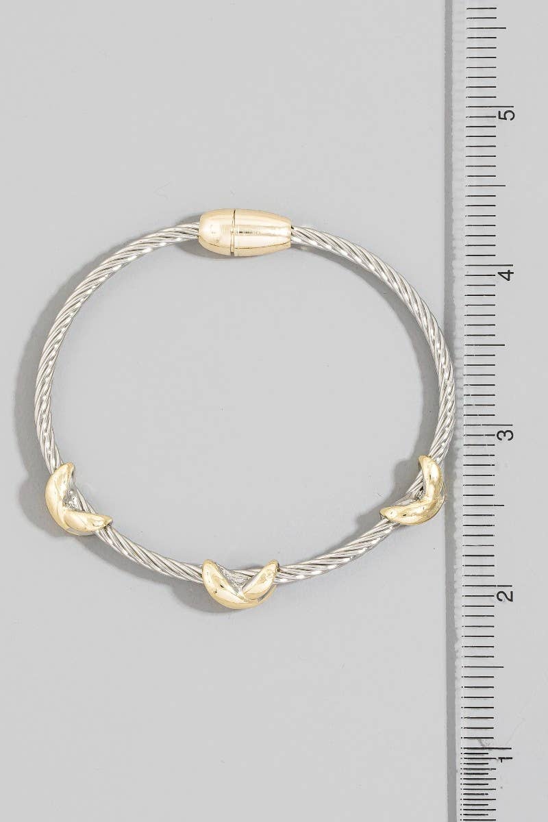 Two-Tone Cable Wire Gold X-Station Bangle Bracelet 1738B