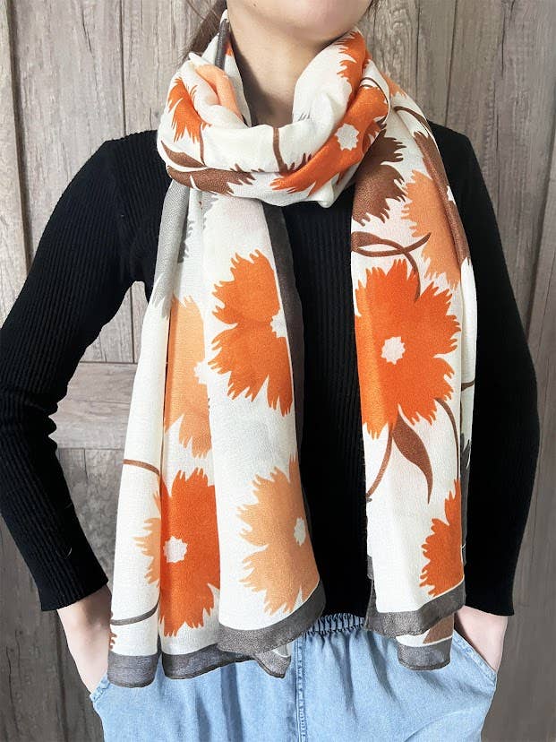 Orange Multi Daisy Pattern Women's Shawl Scarf