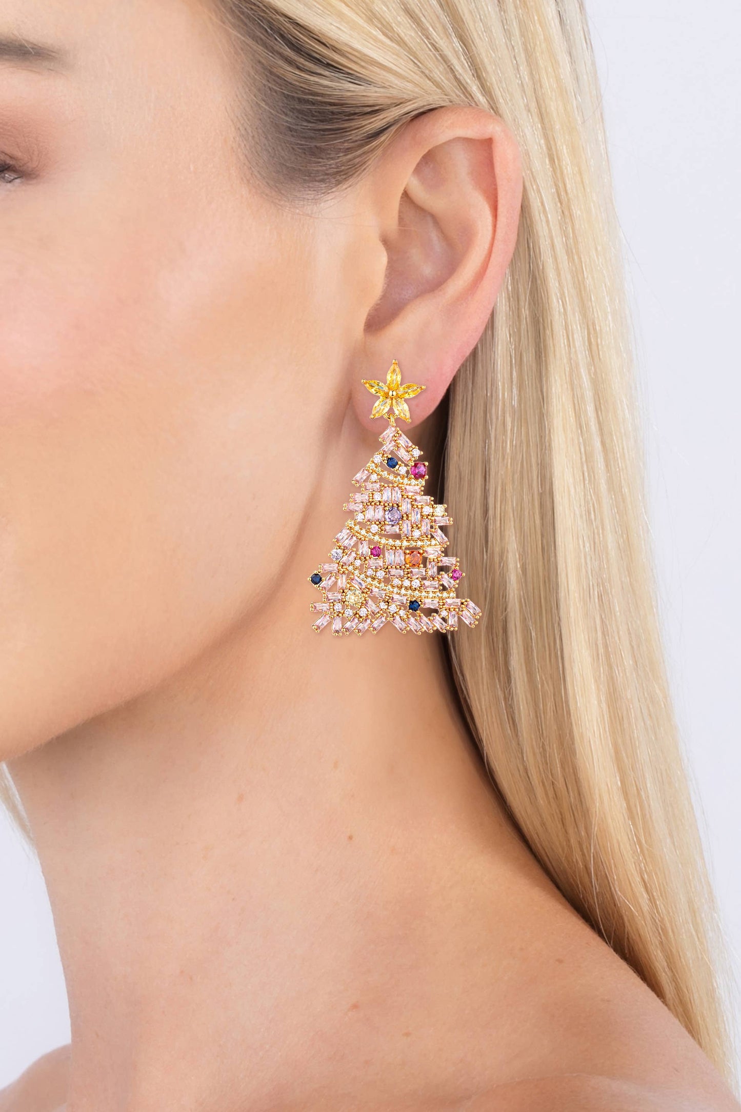 Cubic Zirconia Pink Christmas Tree Dangle Earrings