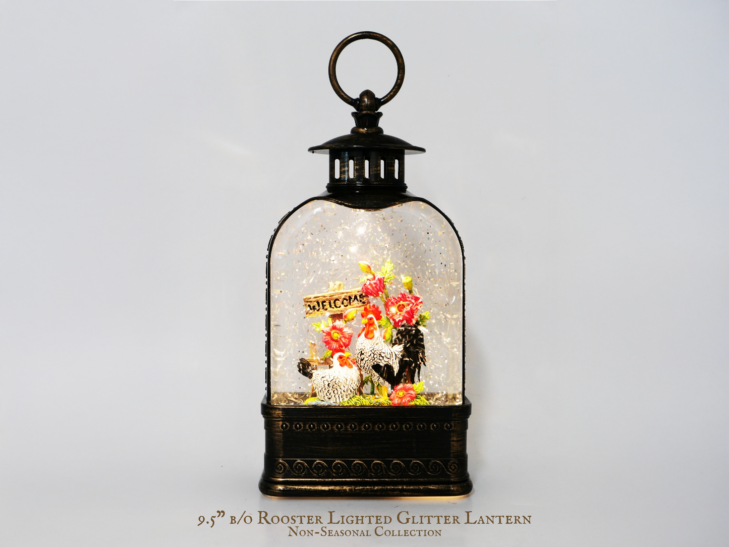 9.5” B/O Lighted Glitter Lantern, Rooster
