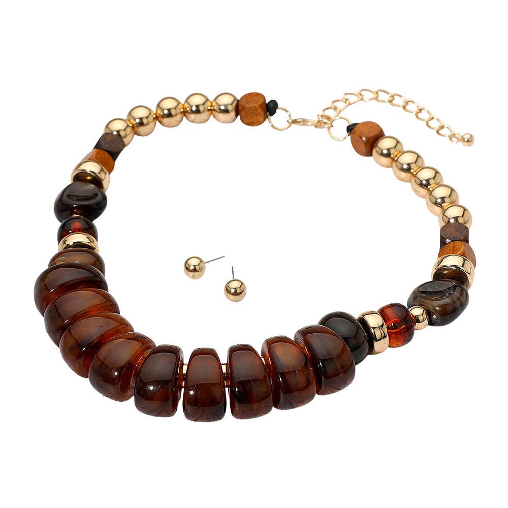 Chunky Resin Pebble Wooden Beaded Statement Necklace