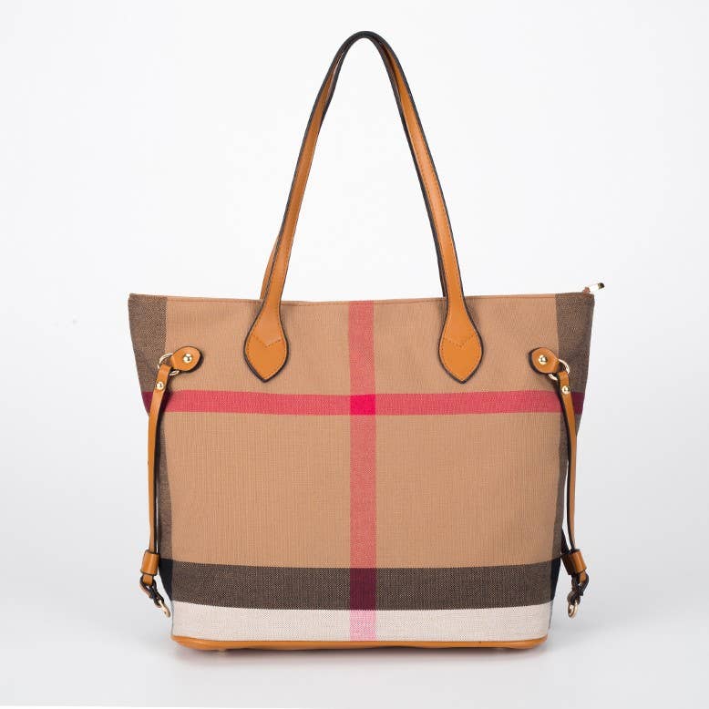 Classic Plaid Canvas & Leather Trim Tote Bag