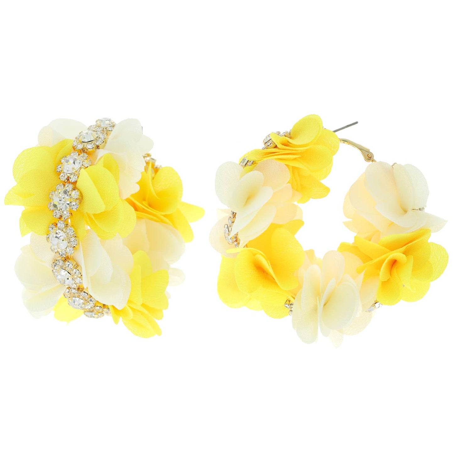 Boho Style Rhinestone & Fabric Flower Link Hoop Earrings