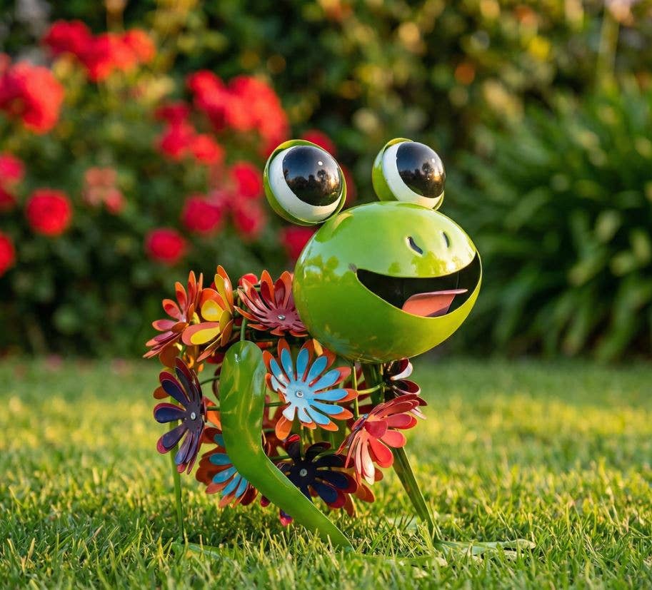 Solar Frog Statue with Colorful Metal Enameled Flower Body