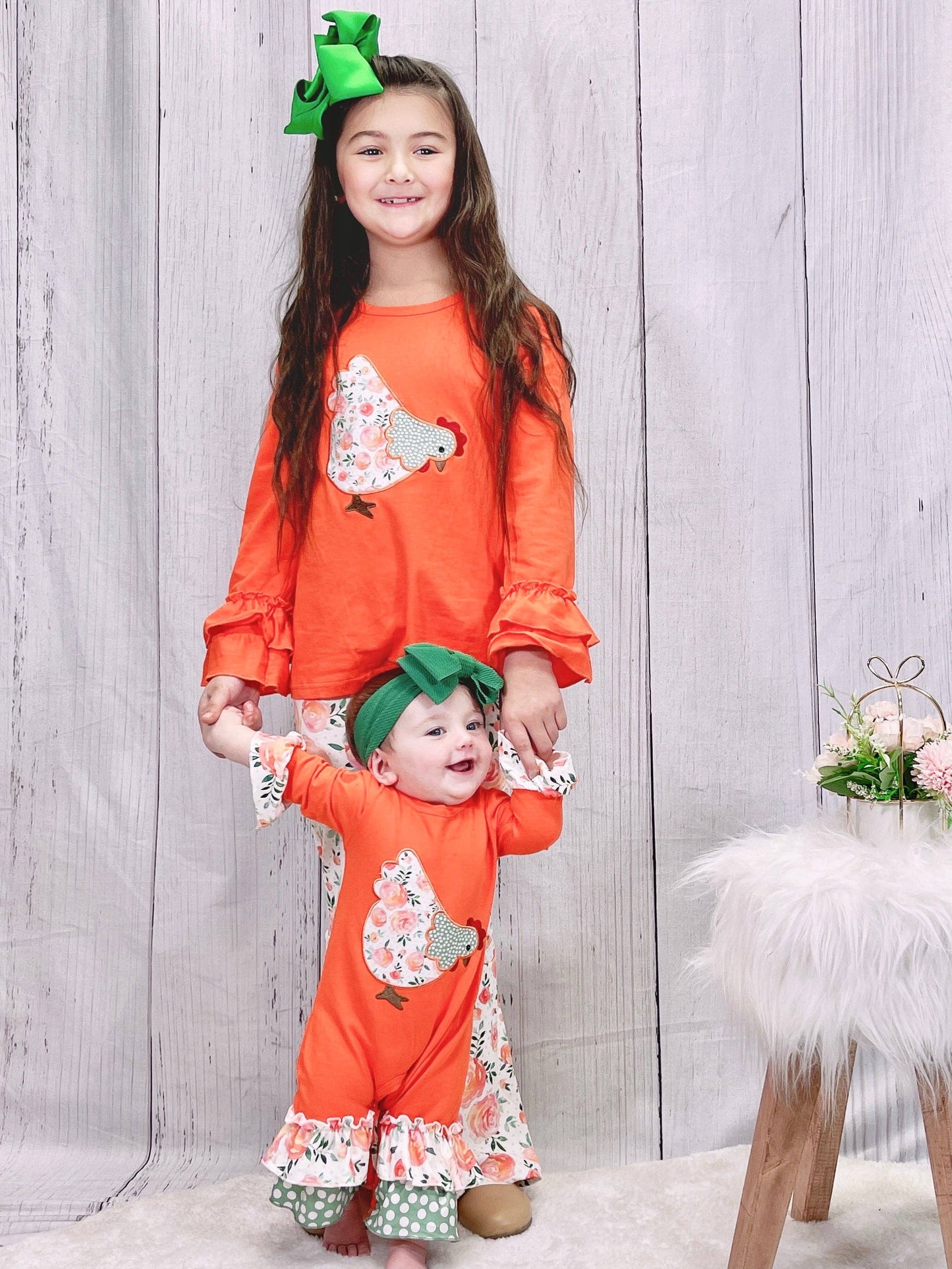 Orange Ruffle Floral Chicken Bell Bottom Outfit