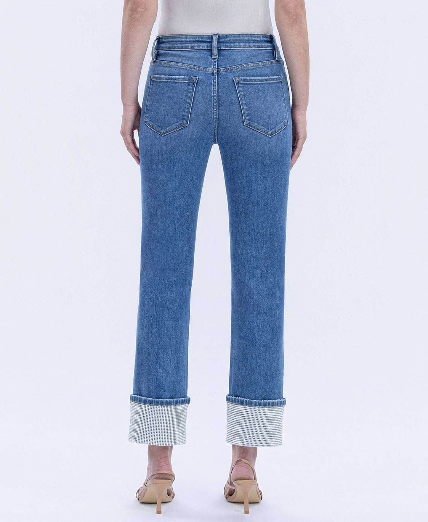 HIGH RISE RHINESTONE CUFFED SLIM STRAIGHT JEANS T7004