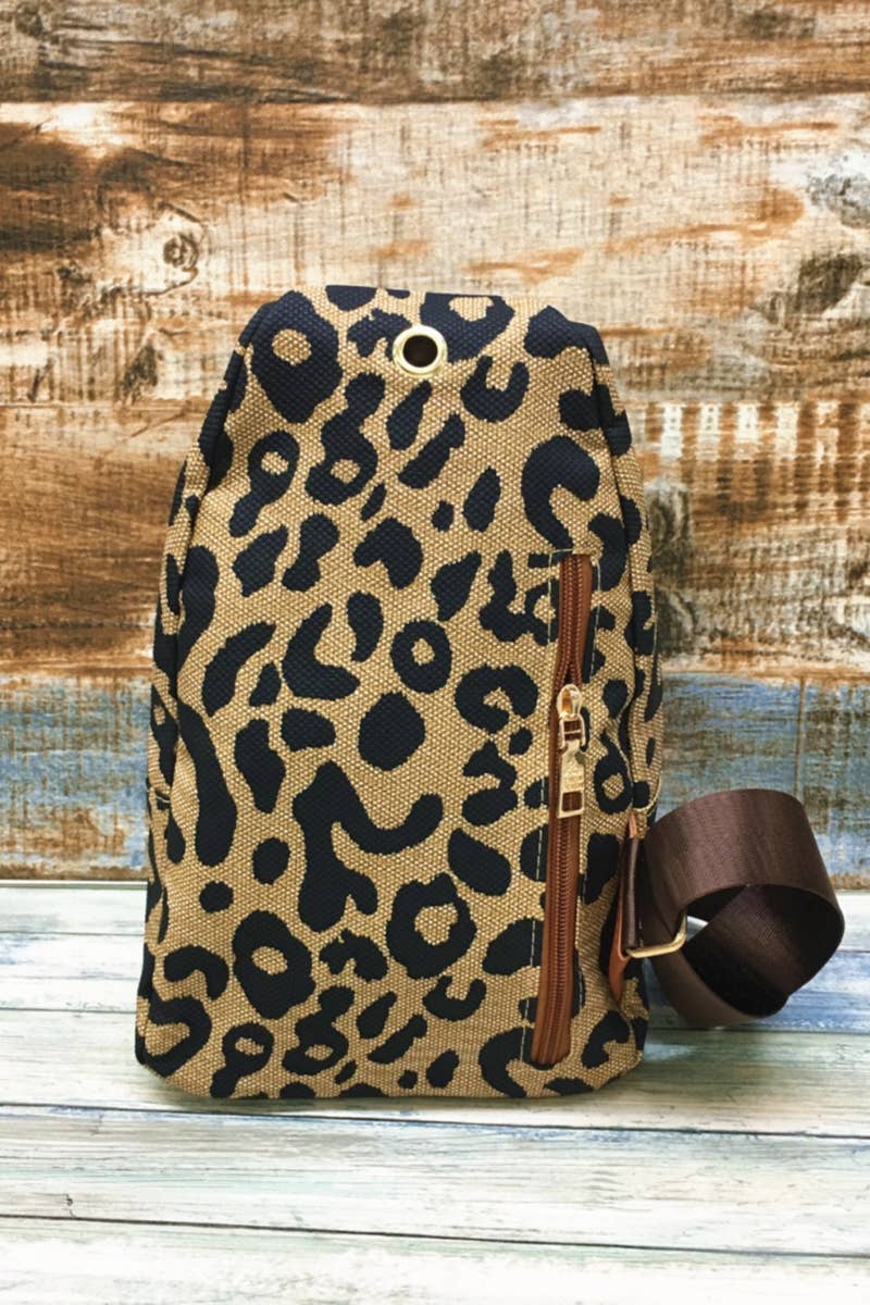LEOPARD DOUBLE ZIPPER CROSSBODY SLING BAG PURSE