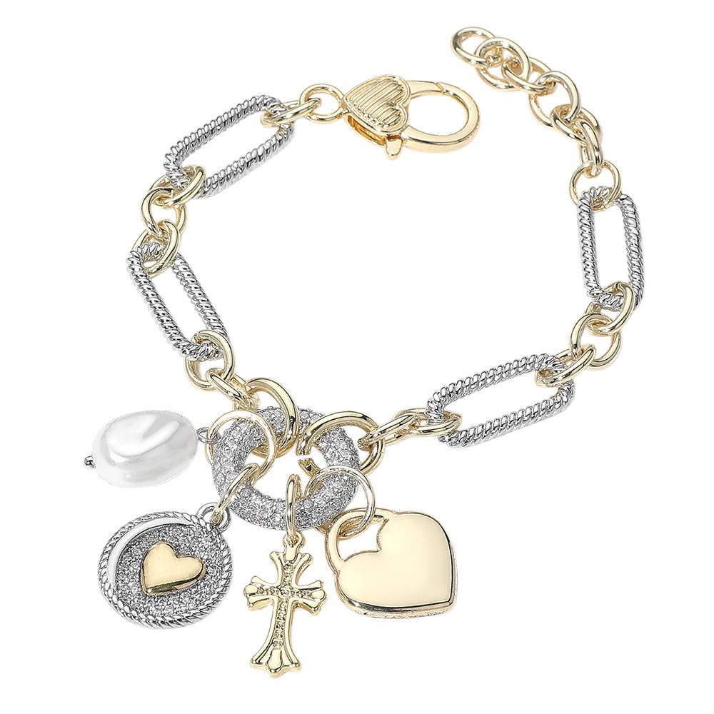 14K Gold Plated Two Tone CZ Stone Paved Heart Medallion Cross Pearl Charm Chunky Oval Chain Bracelet