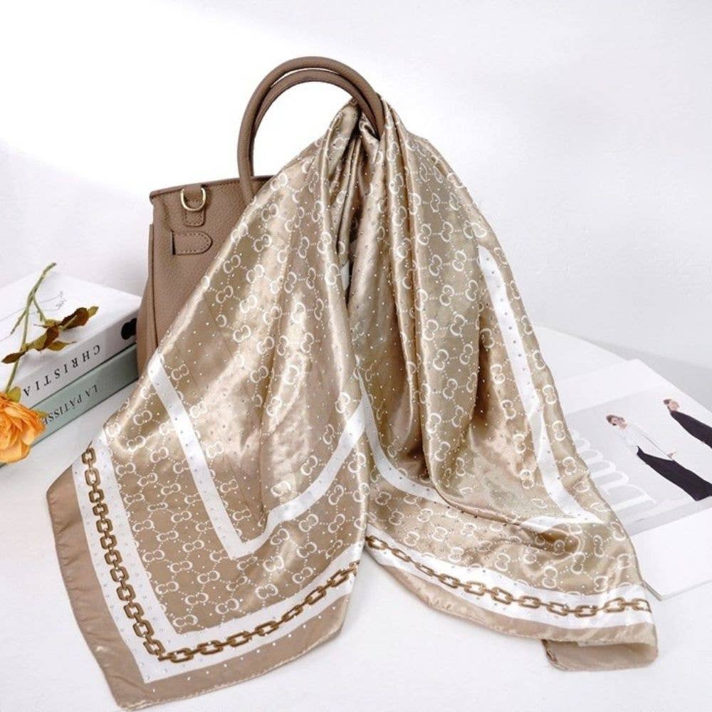 MONOGRAM BORDER PRINT SILKY SQUARE BANDANA NECK SCA, AS 787