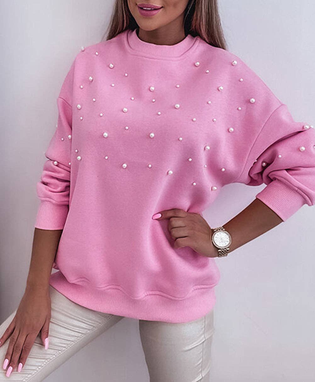 Pearl Detail Ribbed Crew Neck Sweatshirt