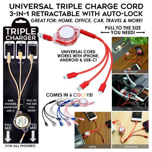 3 In 1 Retractable Triple Charging Cord - Universal