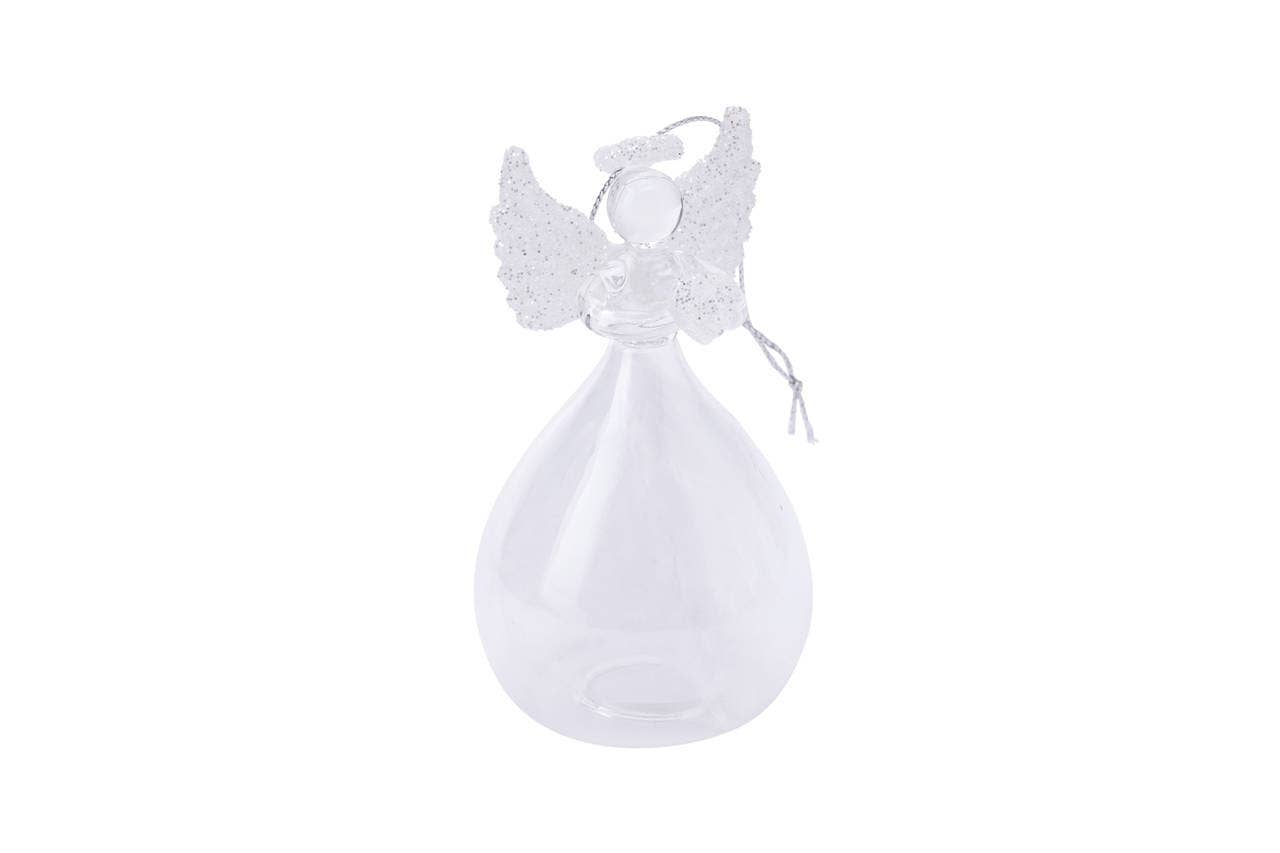 Glass Silver Heart Hanging Angel with Feather