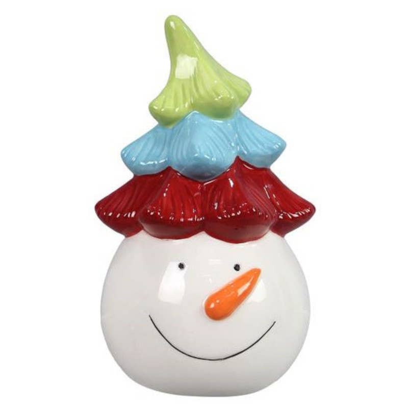 Ceramic Whimsical Snowman Head with Colorful Hat - 6.5"