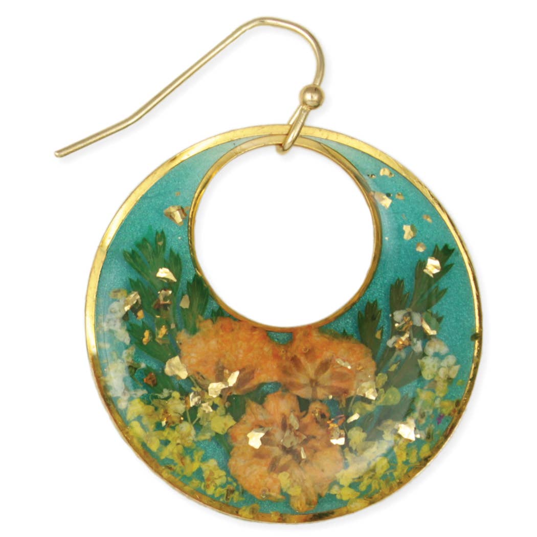 Blue Moods Gold Circle Orange Dried Flower Earrings