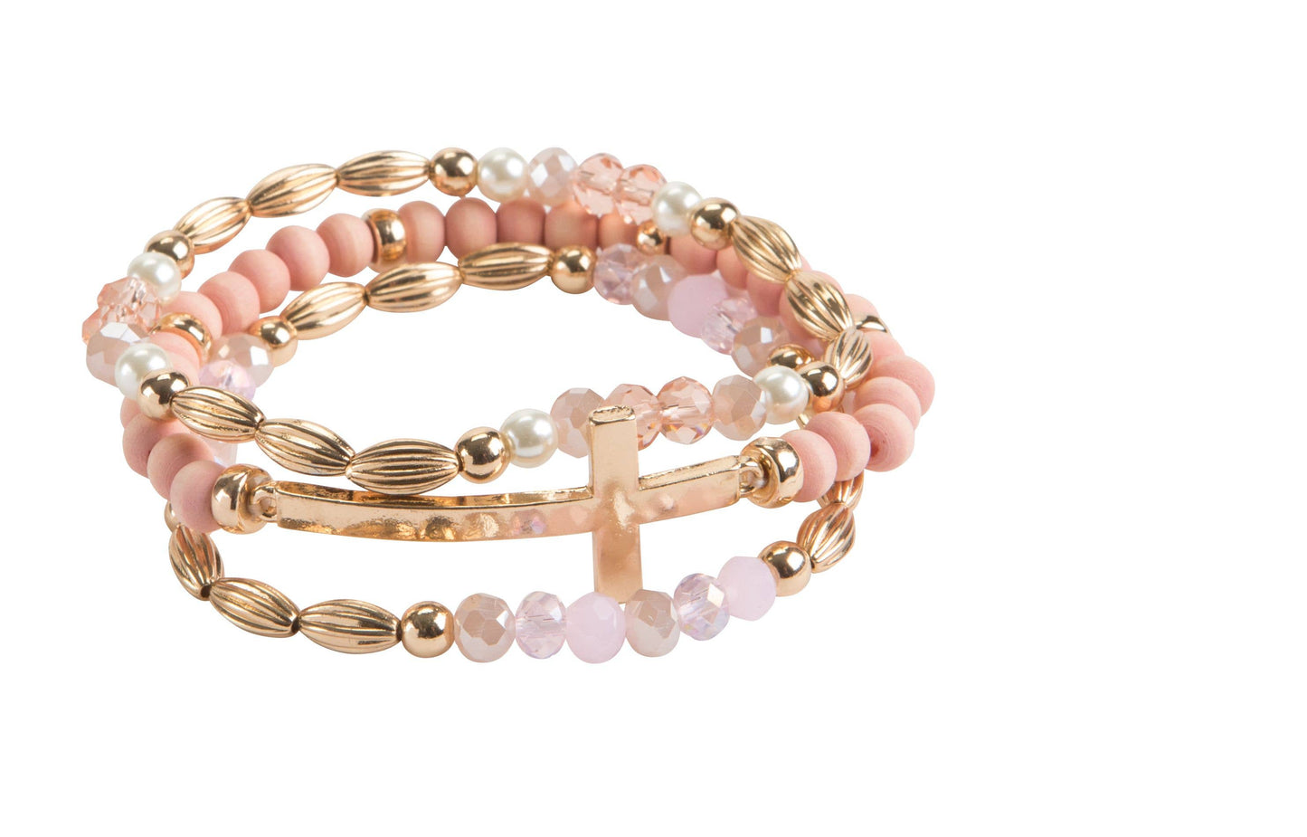 3 row wood and crystal bead cross bracelet, 4 assorted